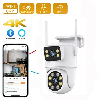 8MP 4K Wifi Kamera, Dvigubas Objektyvas su Dvejopo Ekrano Ai Žmogaus Aptikti Auto Stebėjimo Belaidžio IP66 Lauko Stebėjimo Kamerą iCSee App