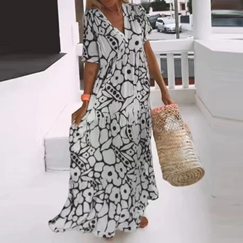 A-Line Biuras Maxi Suknelė Vasaros Trumpomis Rankovėmis Atsitiktinis Paplūdimio Suknelė Bohemijos Modelio Spausdinimo Prarasti Ilga Suknelė Moterims 2023 Pavasario V Kaklo