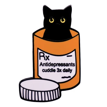 A2784 Juodosios Katės medicina butelių Kolekciją, Sagės, Antidepresantų Emblemos Kitty, Segtukai, Emalio, Segtukai, Gyvūnų Kailis Apdaila Papuošalai