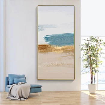 Aukso lapų mėlyna Abstraktaus meno Smėlio Paplūdimys, marina drobės rankų darbo naftos tapyba akrilo didelės sienos meno plakatas namų dekoro quadros