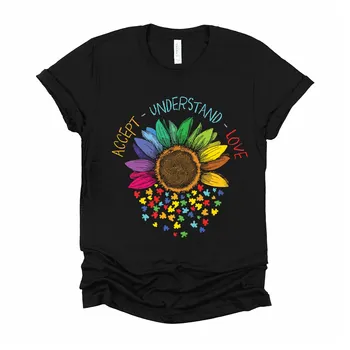 Autizmas Sąmoningumo Marškinėliai Priimti, Suprasti Meilės Vaivorykštė Saulėgrąžų Spalvinga Gėlių Priėmimo XS 4XL
