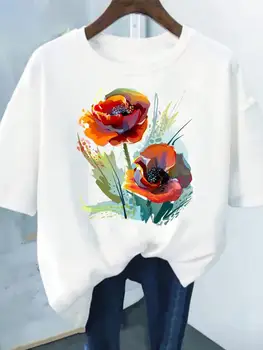 Gėlių Spausdinti Mados Augalų Tendencija Puikus Stiliaus trumpomis Rankovėmis Moterims Grafinis Tee Vasaros T Drabužių Moterų Drabužiai Atsitiktinis marškinėliai