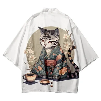 Japonų Kimono 3d Katė Spausdinti Haori Cosplay Kostiumų Mados Cardigan Yukata Marškinėliai Samurajus Kailis Negabaritinių Streetwear Viršūnės Vasarą