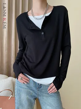 [LANMREM] Paprastumo Spliced Dizaino T-shirt Moterims, Apvalios Kaklo, ilgomis Rankovėmis Megztinis Dugno Moterų Viršūnių 2024 Pavasario, Nauja