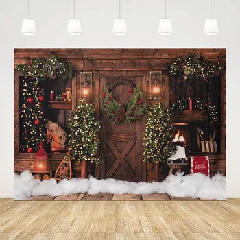 Mehofond Kalėdų Kaimiškas Medienos Durys Fonas Fotografijai Vintage Kalėdos Medis Blizgučiai Vaikų Atostogų Fono Foto Studija