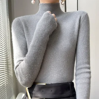 moters megztiniai megztinis pusę-aukštos apykaklės, su ilgomis rankovėmis viršūnes ponios slim dugno marškinėliai kieto spalvų megztinis