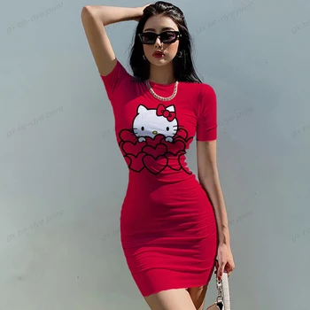 Moterys Vasarą Seksualus Hello Kitty 3D Spausdinimo Mini Suknelė 2023 Femme Apvalios Kaklo trumpomis Rankovėmis Liesas Skraiste Mados Šalis Bodycon Suknelė