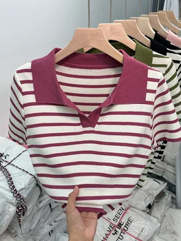 Moterų korėjos Dryžuotas marškinėliai Y2k Trumpas Rankovėmis Tee Top 90-ųjų Derliaus Harajuku Juokinga Kawaii Polo-Neck marškinėliai Drabužių Vasaros 2023