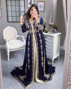 Mėlyna Maroko Kaftan Musulmonų Vakaro Suknelės-line V-kaklo, ilgomis Rankovėmis Appliques Dubajus arabų Turkija Caftan Abaja Islamo Suknelė