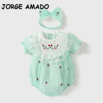 Nauja Vasaros Baby Girl Bodysuit Žalia Siuvinėjimo Apvalios Apykaklės Trumpas Sluoksniuotos Rankovėmis Jumpsuit+Apdangalai, Naujagimių Drabužiai E23670