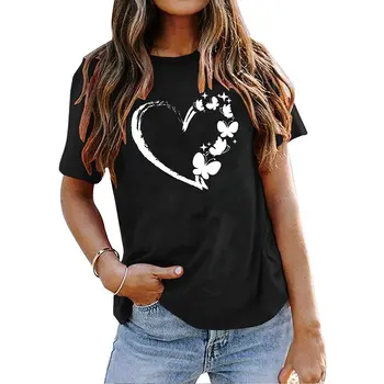 Naujas Moterų Meilės T-shirt Paprasta Viršūnės Vasarą, O-Kaklo Atsitiktinis trumpomis Rankovėmis Palaidinė Moterų Kasdien Streetwear Klasikinis Spausdinti Drabužiai