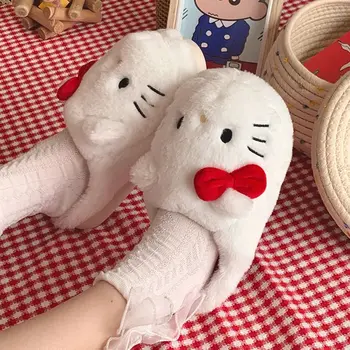 Ponios Mielos kitty bowtie bateliai moterims 2023 žiemą patalpose purus miegamasis batai moterų namų anime katė šlepetės su kailiu