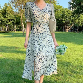 Prancūzijos Derliaus Gėlių Spausdinti Vasaros Midi Suknelė Moterims 2021 Cottagecore korėjos Mados Elegantiškas Padalinta V-kaklo Sluoksniuotos Rankovėmis Suknelė