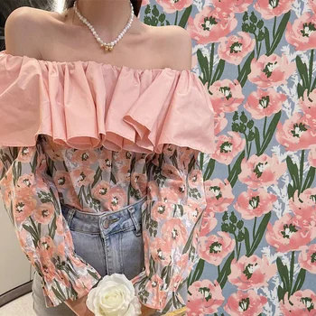 Rožinės spalvos gėlių spausdinti ir dažyti medvilnės audinio drabužiai suknelė marškinėliai vasaros mados grynos medvilnės audinio