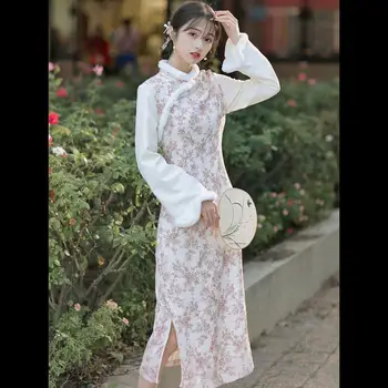 Rudens/Žiemos Cheongsam 2023 Storio Retro Pliušinis Apykaklės Elegantiškas Didelis Rankovės Jauna Mergina Sutirštės Kinų Stiliaus Suknelė Žiemą