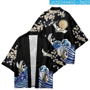 Streetwear Sidabrinė Gervė Spausdinti Cardigan Samurajus Marškinėliai Drabužių Haori Kimono Moterys Vyrai Harajuku Japonijos Paplūdimio Yukata Viršų