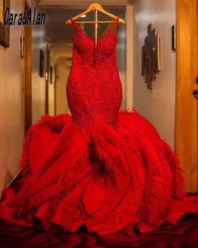 Tradicinių Raudonųjų Afrikos Vestuvių Suknelės China Raukiniai Aso Ebi Plunksnos Undinė Vestuvinės Suknelės Vestidos Novias Boda