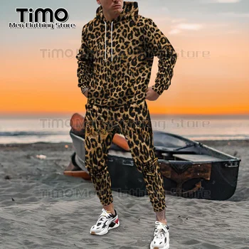 Vyriški Tracksuit Rinkinys Leopardas 3D Asmeninį Spausdinimo Šalies Mados Tendencijos, Stilius Gatvės Namų Atsitiktinis Vyrų Hoodie Kostiumas 2 dalių Komplektas