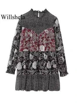 Willshela Moterų Mados Kratinys Spausdinti Klostuotas Mini Suknelė Vintage O-Kaklo, Ilgomis Rankovėmis Moteriška Prašmatnus Mergina Suknelės