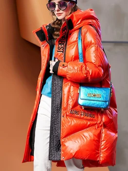 Žiemos moterų Gloosy Žemyn Parko Vidutinio Ilgio vientisa Spalva Vėjo Virš Kelio Storas Kailis Streetwear Atsitiktinis Sniego viršutinių drabužių siuvimas